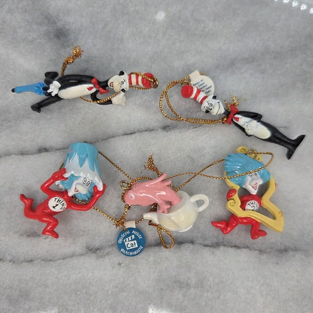 Dr. Seuss Cat in the Hat Ornaments Set of 5 Thing 1 Thing 2 Christmas Tree Mini